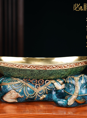 彩绘招财吉象摆件家居客厅纯黄铜