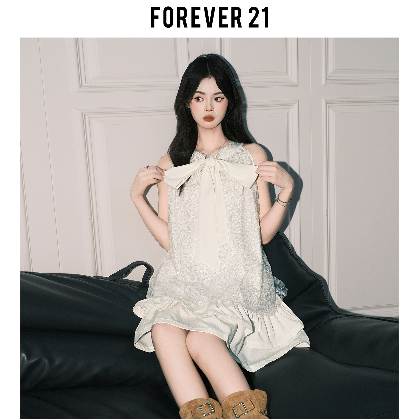 Forever 21 Elegant Apricot Sequin Tank Dress for Women with Unique Bow and Ruffle Sleeveless Short Dress