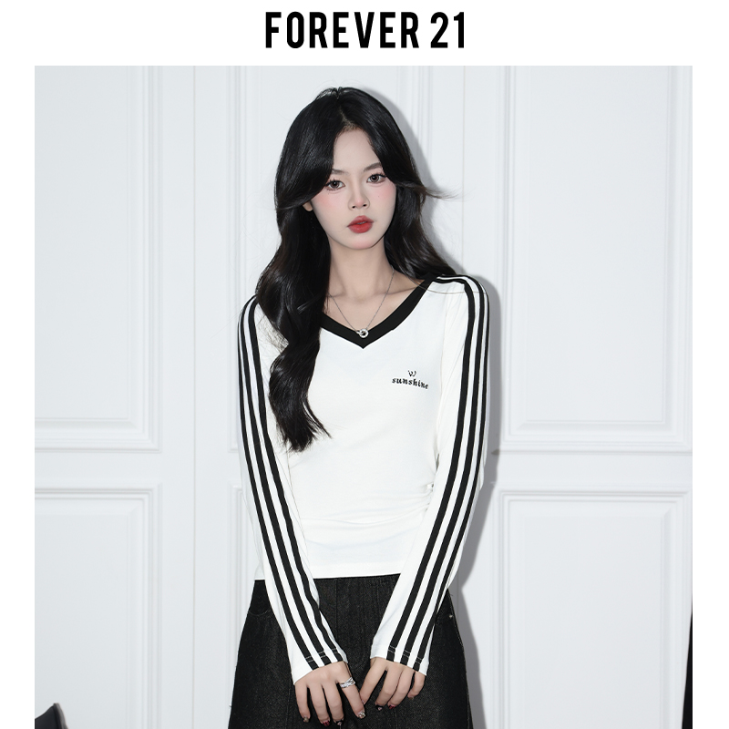 thumbnail for Forever 21 Athleisure White Bar Long Sleeve T-Shirt Women's American Age Reduction Slim Fit V-Neck Base Top