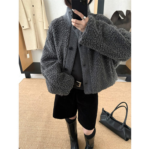 TG 休闲好穿保暖毛织拼接系扣羊羔毛加厚外套女2025冬季新款26065