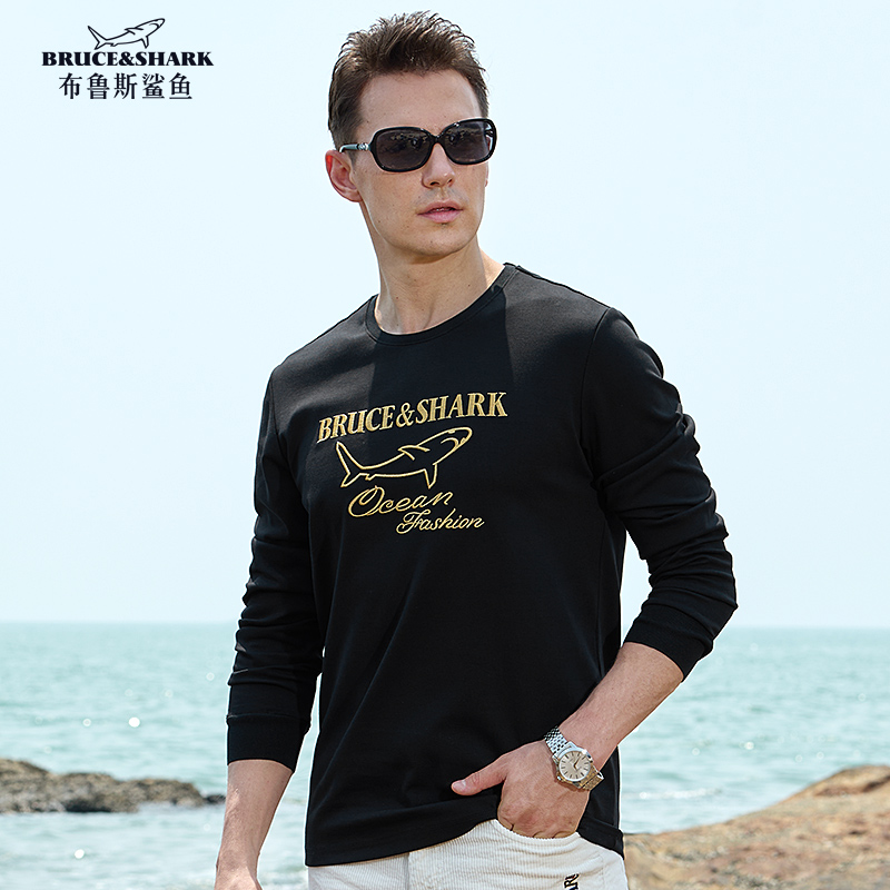 秋冬季新款t恤男宽松长袖布鲁斯鲨鱼潮牌男士大码上衣厚打底衫