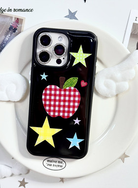 红格子苹果星星复古简约高级日韩ins风黑边滴胶适用苹果16promax手机壳iphone17/16plus原创1512