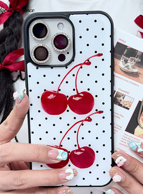 少女简约波点红樱桃日韩ins风黑边滴胶适用苹果16promax手机壳iphone17/16pro原创1512