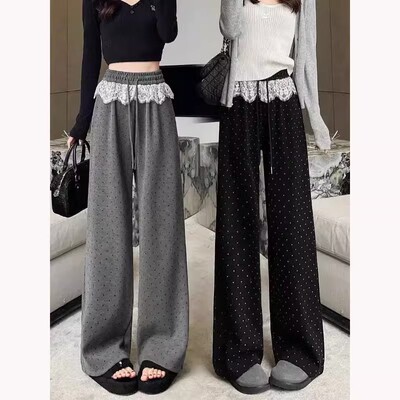蕾丝拼接波点阔腿长裤