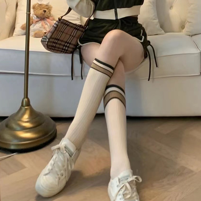 米色学院风少女小腿袜春夏JK条纹撞色中筒袜纯棉显瘦腿网红长袜子,女士内衣/男士内衣/家居服,中筒袜,淘宝优惠券,粉丝福利购,淘宝优惠卷