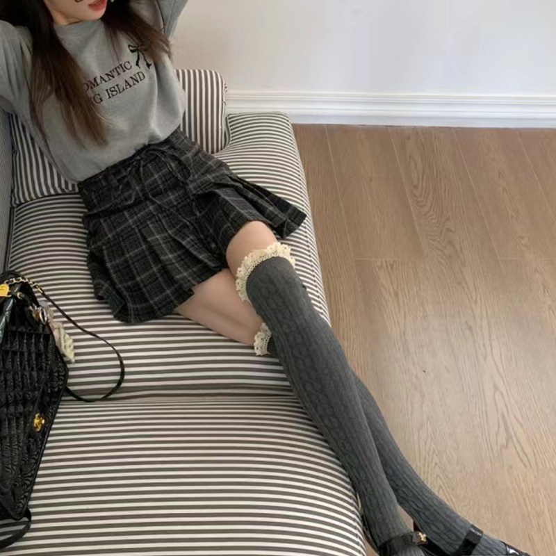 蕾丝花边麻花纹过膝长筒袜秋冬加厚灰色大腿袜女日系JK竖条纹袜子