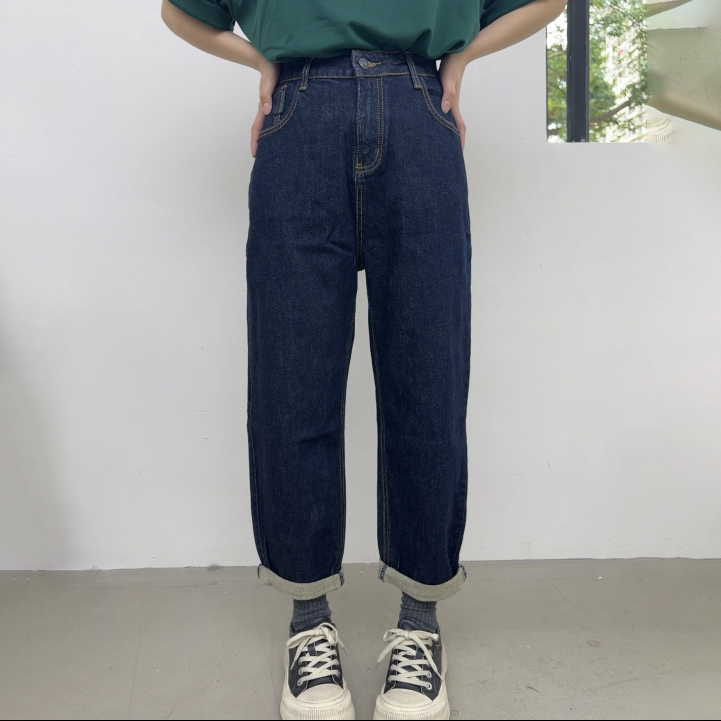 花匣子牛仔裤女美式风深蓝色高腰宽松九分卷边显瘦萝卜裤60922