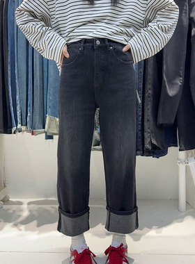 花匣子牛仔裤女复古黑灰色2025冬季加绒九分翻边弹力直筒裤501783