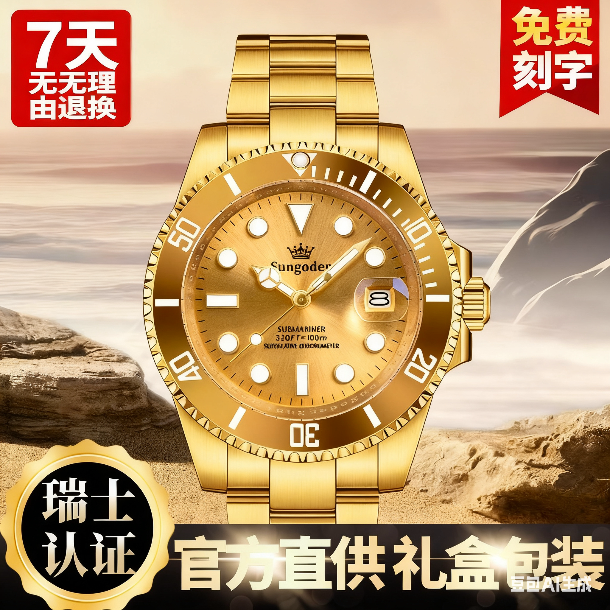 男士手表日志型全金色黄金纯自动机械表热销爆款防水夜光运动系列