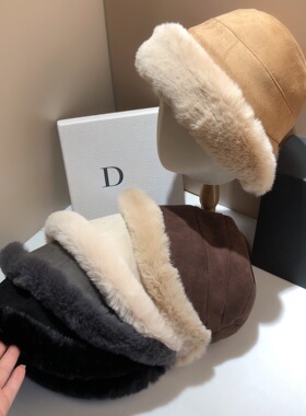 日本RX冬季新款双面戴麂皮毛绒水桶帽加厚羊羔毛绒绒保暖渔夫帽潮