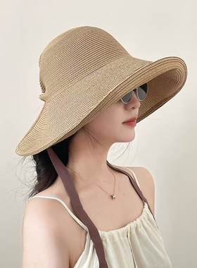 日本CA草帽女夏天法式加大檐系带草帽遮阳防晒可扎马尾渔夫帽子