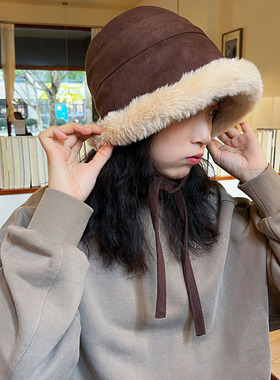 日本RX冬天麂皮绒渔夫帽女加厚保暖护耳毛绒绒盆帽防寒系带蒙古帽