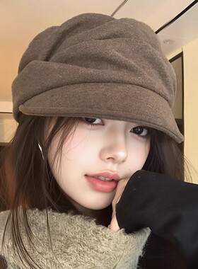 日本RX秋冬柔软褶皱山本风羊毛混纺马术帽女文艺平顶鸭舌报童帽潮