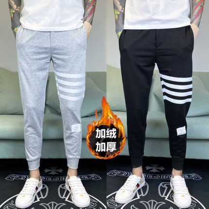 加绒加厚裤子男士潮牌四条杠运动裤韩版潮流修身小脚裤束脚九分裤