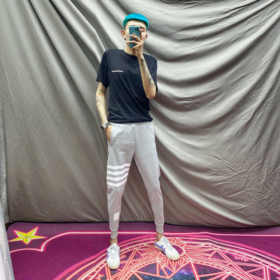 网红小脚卫裤男四条杠修身运动裤潮男士百搭九分裤显瘦束脚休闲裤