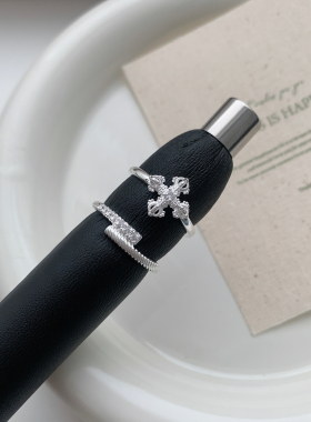 复古十字架开口锆石镀银女戒指