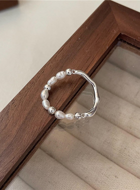 不规则液态串珠戒指女时尚个性百搭气质珍珠S925银指环网红食指戒