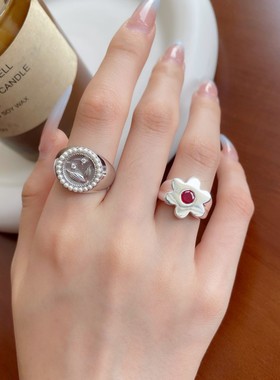 甜酷花朵戒指女重工时尚个性小众设计S925镀银开口指环网红食指戒
