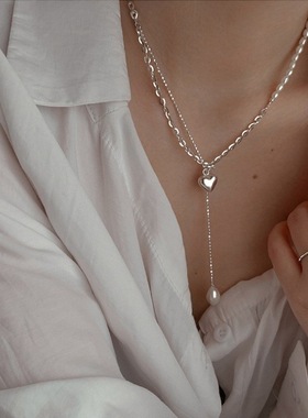 甜酷爱心流苏项链精致优雅仿珍珠S925银桃心锁骨链ins风毛衣链潮