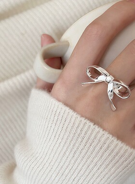 甜美飘带线条蝴蝶结戒指女简约时尚气质百搭开口指环ins风食指戒
