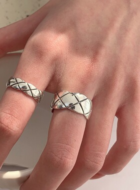 个性复古网格戒指女做旧时尚叠戴甜酷开口指环几何时尚嘻哈食指戒