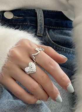 心电图波浪戒指女简约几何线条百搭时尚叠戴开口指环ins食指戒潮