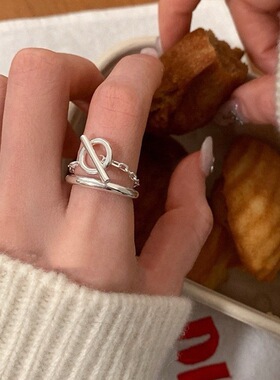 韩版OT扣链条戒指女时尚个性小众设计感S925镀银开口指环食指戒潮