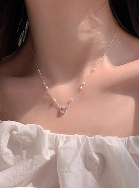 甜美粉色爱心锆石项链女韩版时尚不规则珍珠链条S925银锁骨链颈链