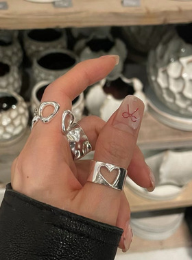 简约镂空爱心戒指女几何不规则叠戴甜酷S925镀银开口指环食指戒潮