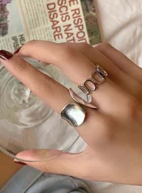 韩国S925镀银ins潮戒指女复古泰银镂空光面几何指环学生潮食指戒