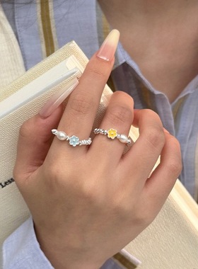 精致花朵珍珠戒指女几何不规则碎银弹力S925镀银指环少女心食指戒