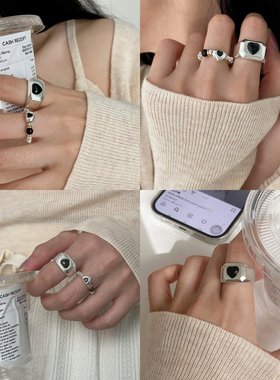 甜酷黑色爱心戒指女时尚个性气质叠戴S925银指环ins小众食指戒潮