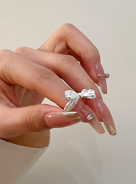 甜美蝴蝶结戒指女精致叠戴百搭S925镀银开口指环ins风网红食指戒