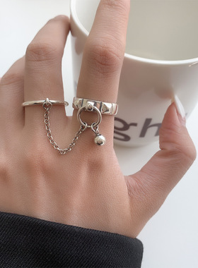 韩版S925镀银双指一体式戒指女复古时尚链条流苏圆球开口食指环潮