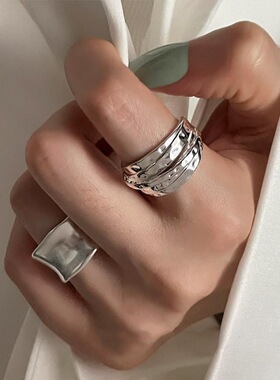 时尚宽边几何线条缠绕戒指女个性创意气质S925镀银开口指环食指戒