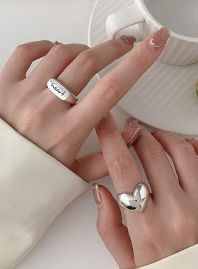 韩版S925镀银甜美心型戒指女复古时尚气质爱心开口指环嘻哈食指戒