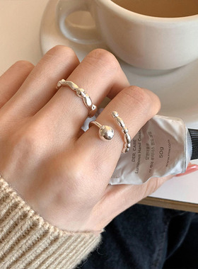 几何不规则戒指女个性熔岩设计圆球S925银开口指环创意甜酷食指戒