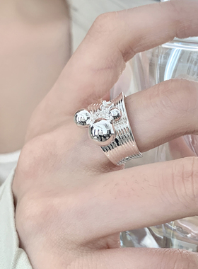 甜酷轻奢镀银圆球吊坠食指戒指潮