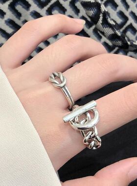 个性OT扣链条戒指女复古时尚设计小众S925镀银开口指环线条食指戒