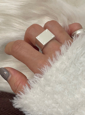 欧美S925镀银方形戒指女复古几何立体嘻哈开口指环蹦迪夸张食指戒