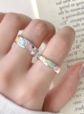 彩虹滴釉可爱小恐龙戒指女童趣百搭叠戴圣诞树星星开口指环食指戒