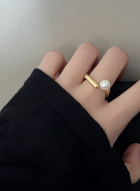 简约仿珍珠戒指女时尚百搭叠戴S925镀银开口指环几何方形食指戒