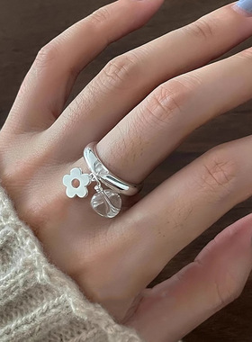 白透花朵吊坠戒指女甜酷时尚个性百搭S925镀银开口指环网红食指戒