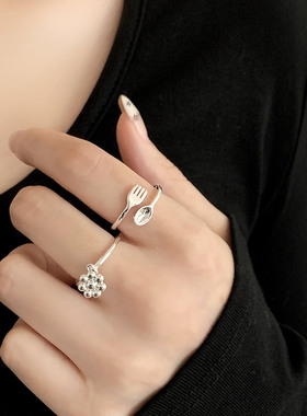 少女心小花球吊坠戒指女创意趣味迷你刀叉开口指环百搭个性食指戒