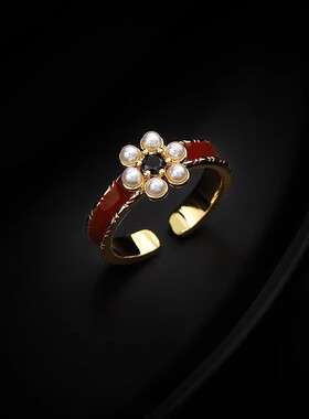 精致滴釉面珍珠戒指女简约时尚气质S925镀银开口指环网红食指戒潮