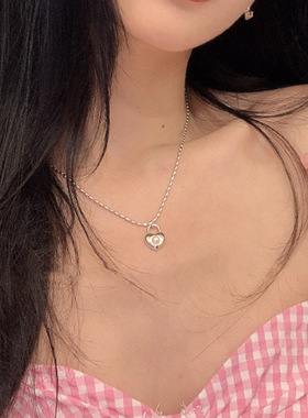 简约爱心项链女小众设计ins桃心挂锁S925银锁骨链气质百搭颈链潮