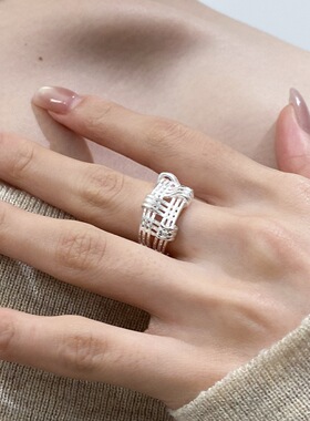 简约几何条纹编织戒指女个性时尚交织百搭叠戴开口指环ins食指戒