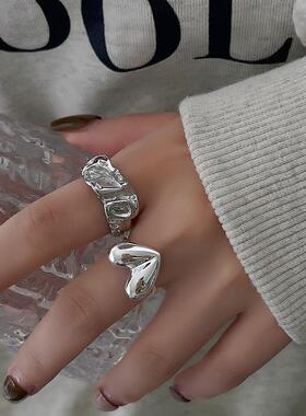 褶皱爱心戒指女甜酷风叠戴嘻哈个性S925镀银开口指环街拍达人食指