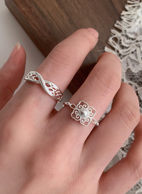 新中式镀银镂空花纹开口食指戒指
