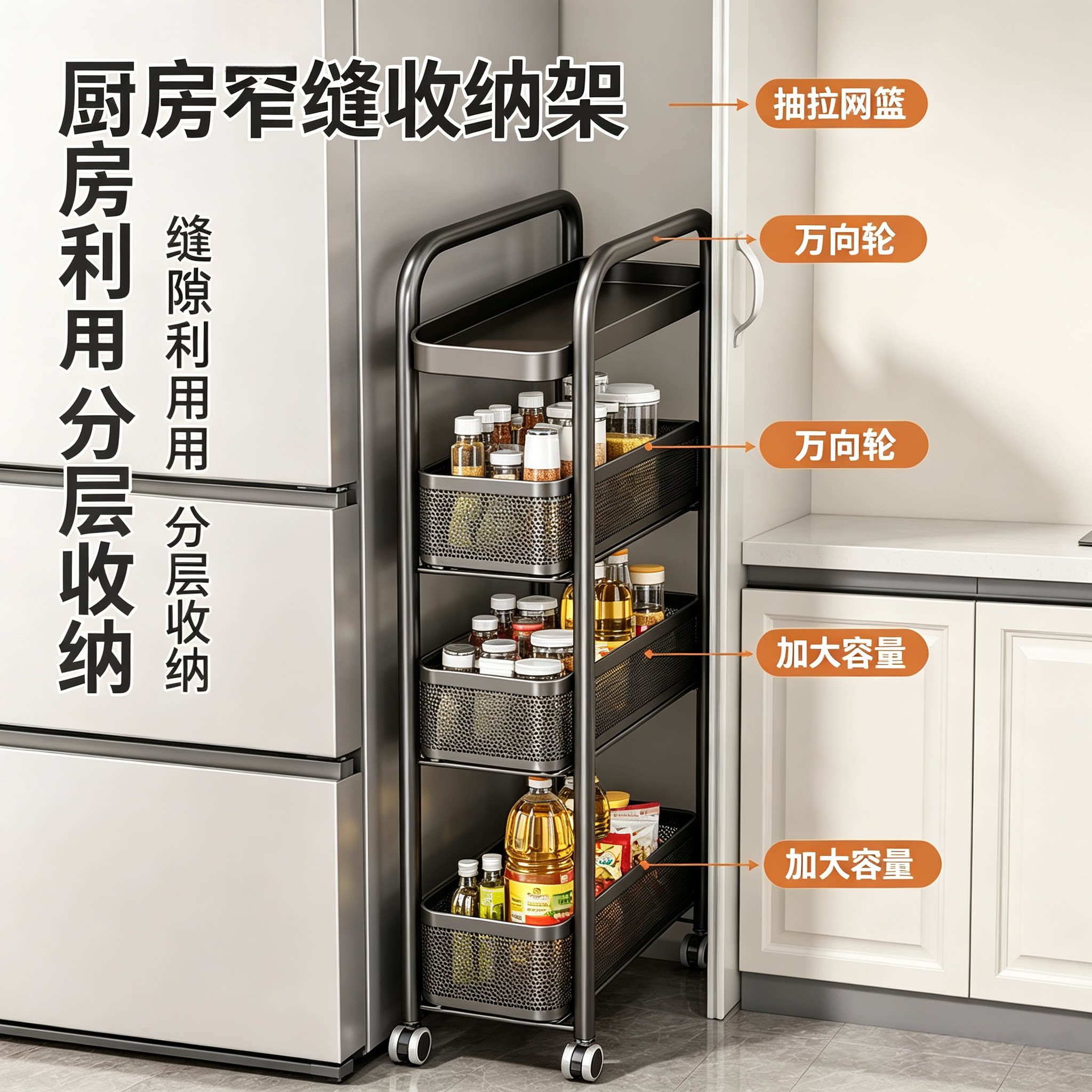 家用厨房卫生间缝隙置物架门后冰箱侧面极窄抽拉篮缝隙收纳柜通用